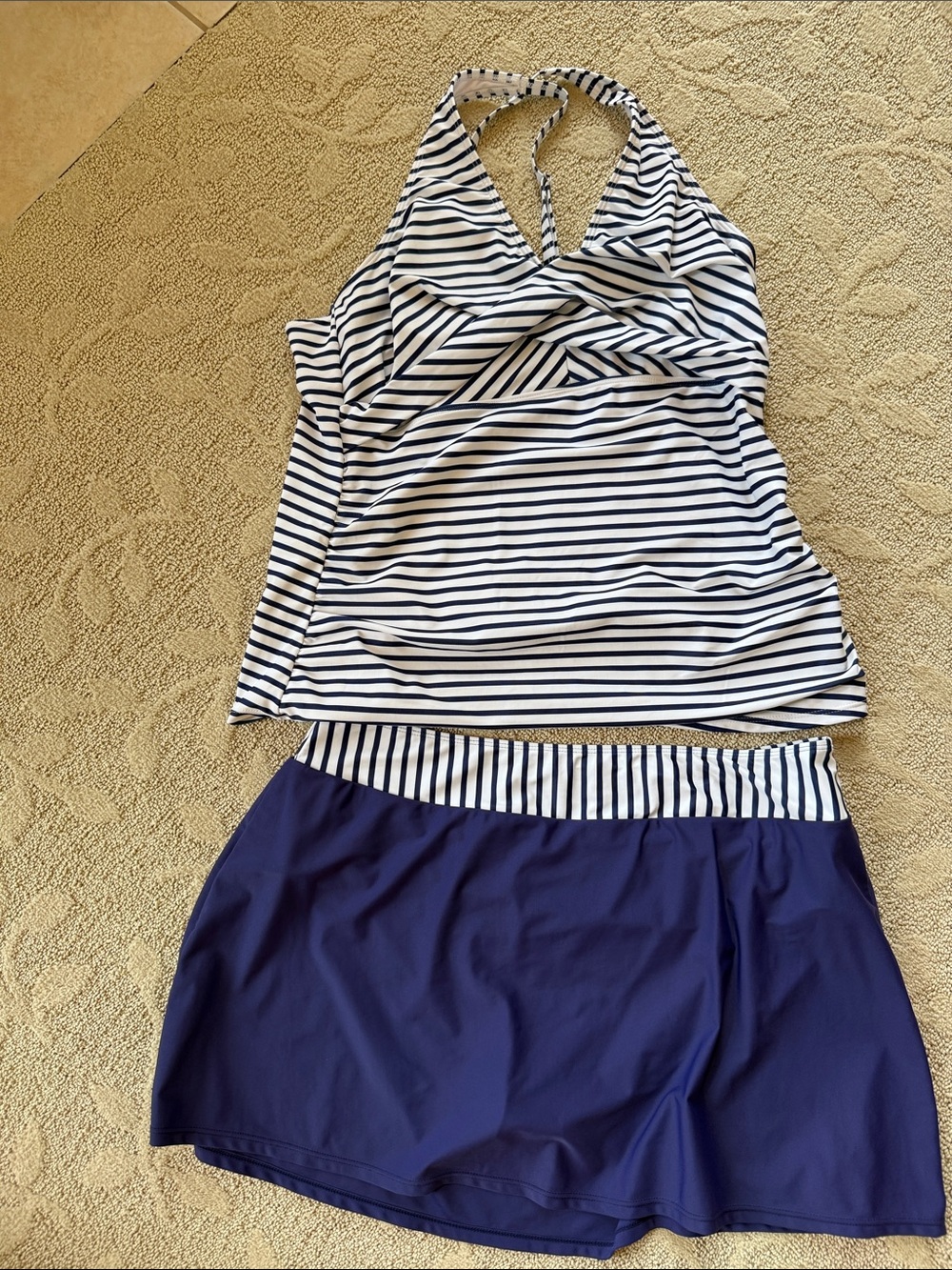 Striped Navy & White Bandeau Tankini with Navy Skirted Bottom